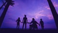 Disabled man in a wheelchair with his family on the beach. Silhouettes at sunset Royalty Free Stock Photo