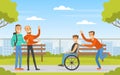 Disabled Man on Wheelchair Meeting Friends in the Park Greeting Vector Illustration