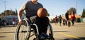 Disabled man in a wheelchair plays basketball on the court. Equal opportunity concept. Generative AI