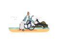 Disabled man on wheelchair on sea coast travel for summer vacation. Tourist guy on wheel chair