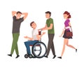 Disabled Man in Wheelchair Walking with Friends, Handicapped Man Receiving Support and Having Good Time, Person Enjoying