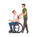 Disabled Man in Wheelchair Walking with His Friend, Handicapped Man Receiving Support and Having Good Time, Person
