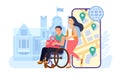 Disabled man and woman travel world. Phone application. Couple with disabilities. Male in wheelchair and female looking Royalty Free Stock Photo