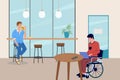 Disabled man working in cafe. Freelance job. Guy sitting in wheelchair. Person at laptop. Restaurant accessibility for Royalty Free Stock Photo