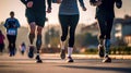 Disabled marathon running race, people with prosthesis feet on city road at early morning. Generative AI Royalty Free Stock Photo