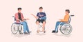 Disabled men sitting in wheelchair disability concept flat full length horizontal