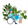 Disabled old woman watering house plants. Vector illustration in flat style