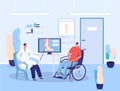 Disabled patient in wheelchair, hospital doctor consultation, vector illustration Royalty Free Stock Photo