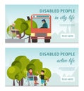 Disabled peolple active life banner handicapped children old people in wheelchair vector illustration. Disability care