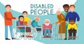 Disabled peolple active life banner handicapped children old people in wheelchair vector illustration. Disability care Royalty Free Stock Photo