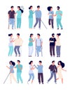 Disabled people and assistants. persons in wheelchair, men with crutches and prosthesis with nurses vector disabilities Royalty Free Stock Photo