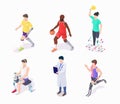 Disabled people, athletes with arm and leg prosthesis doing sport, flat vector isometric illustration.