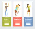 Disabled people banners set, blind woman, persons with prosthetic arms and legs, injury, invalid, gypsum flat vector