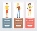 Disabled people banners set, deaf man, woman and man with artificial limbs, injury, invalid, gypsum flat vector