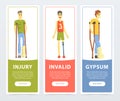 Disabled people banners set, injury, invalid, gypsum flat vector ilustrations, element for website or mobile app