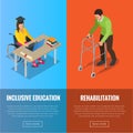 Disabled people banners with wheelchair and rehabilitation flat vector illustration