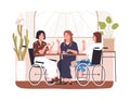 Disabled people in cafe. Concept of wheelchair users inclusion. Diverse friends chatting at table in coffee shop. Young