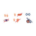Disabled people care help, help and accessibility icons set of isolated vector illustrations. Hand-drawn icons for the