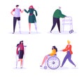 Disabled People Characters. Woman in Wheelchair with Careful Man. Patients with Disabilities, Girl on prostheses Royalty Free Stock Photo