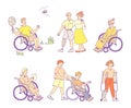 Disabled people with disabilities and wheelchairs. People on artificial legs, on crutches, blind man.