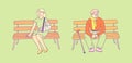 Disabled people with disabilities and wheelchairs.Girl with bandaged hand and man with stick and glasses sit on bench flat vector