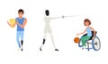 Disabled People Doing Sports Set, Male Athletes Playing Basketball, Fencing, Winning in Sports Competition Cartoon Royalty Free Stock Photo