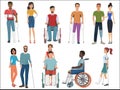 Disabled people with friends helping them set. Vector illustration.