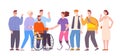 Disabled people friends. Students or elderly with special needs and friends, happy disability patient group diversity