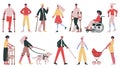 Disabled people. Handicapped, blind, deaf characters, people in wheelchair, with prosthetic arms and legs vector