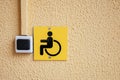 Wheelchair and handicapped accessible entrance sign. Staff call button for people with disabilities at the entrance to a Royalty Free Stock Photo