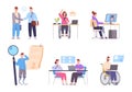 Disabled people hiring. Handicapped worker on meeting job interview, corporate inclusion recruitment disability seeker