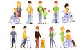 Disabled People Set, Blind, Deaf, Injured and Handicapped Persons with Friends Helping Them Vector Illustration Royalty Free Stock Photo