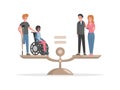 Disabled people and valid people standing on scales vector flat illustration. Equal rights for everyone concept. Royalty Free Stock Photo