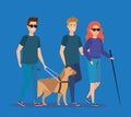 Disabled people wearing sunglasses with dog and stick