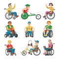 Disabled people in wheelchair vector character of handicapped person with physical disability illustration set of