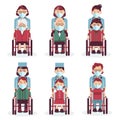 Disabled people in wheelchairs. Medical workers in uniform. Vector medical icons people in masks