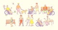 Disabled people with wheelchairs. People on artificial legs, on crutches, blind person with guide dog.