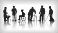 Disabled person silhouette. Blind people with walking canes and guide-dogs. Handicapped woman or man shadows set. Kid in Royalty Free Stock Photo