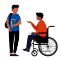 A disabled person in a wheelchair holds books on his lap and talks to a guy. Student with disabilities. Royalty Free Stock Photo