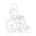 Disabled person on wheelchair outline, continuous one art line drawing. Care and assistance in moving old or injured