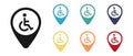 Disabled person, wheelchair vector icons set. Label on the map. Illustration