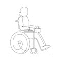 Disabled person woman on wheelchair outline, continuous one art line drawing. Care, assistance in moving senior, injured