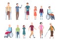 Disabled persons. Diverse injured people in wheelchair, elderly, adult and children patients. Handicapped characters set