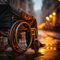 Disabled persons hands on wheelchair wheels, symbolizing empowerment and perseverance