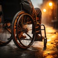 Disabled persons hands on wheelchair wheels, symbolizing empowerment and perseverance