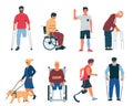 Disabled persons. People with disabilities, in wheelchair, with cane, plaster and crutches. Men and women with limb