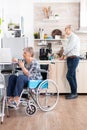 Disabled senior woman in wheelchair working from home at laptop in kitchen Royalty Free Stock Photo
