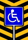 Disabled signs blue colors on black and yellow stripes frame background, sign boards of disability slope path ladder way sign
