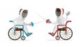 Disabled sportsmen with rapiers fencing in wheelchairs.