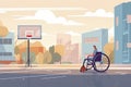 Disabled teenage boy in wheelchair playing basketball on outdoor court,vector illustration flat